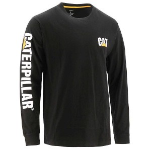 Caterpillar Trademark Banner Long Sleeve Tee Men's T-Shirt Black | 761832-PIZ