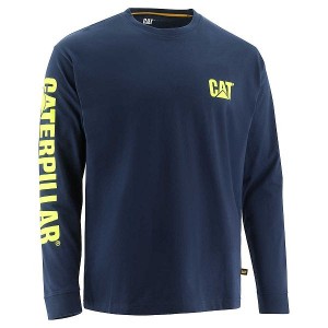 Caterpillar Trademark Banner Long Sleeve Tee Men's T-Shirt Blue | 862309-GJU