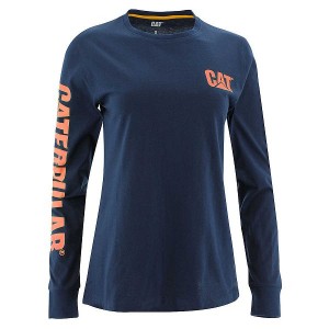 Caterpillar Trademark Banner Long Sleeve Tee Women's T-Shirt Blue | 329847-YMK