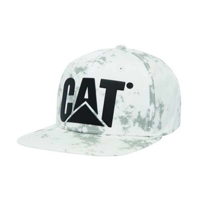 Caterpillar Aop Cat Logo Flat Bill Men\'s Hats White | 593726-BDE