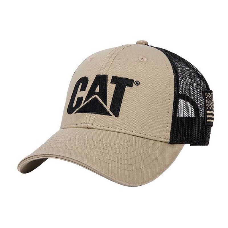 Caterpillar Cat Logo Flag Men\'s Hats Khaki | 957461-NXA