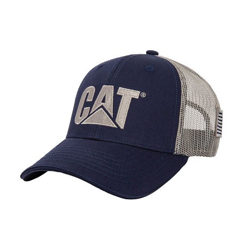 Caterpillar Cat Logo Flag Men\'s Hats Navy | 390284-JHD