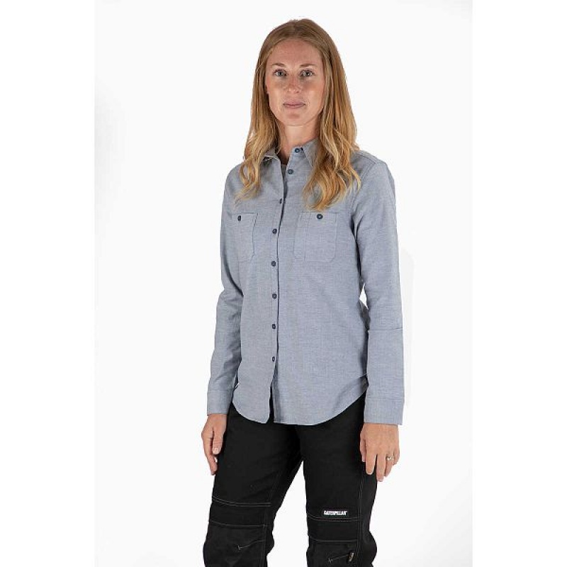 Caterpillar Oxford Long Sleeve Women's Shirts Blue | 089137-CNA