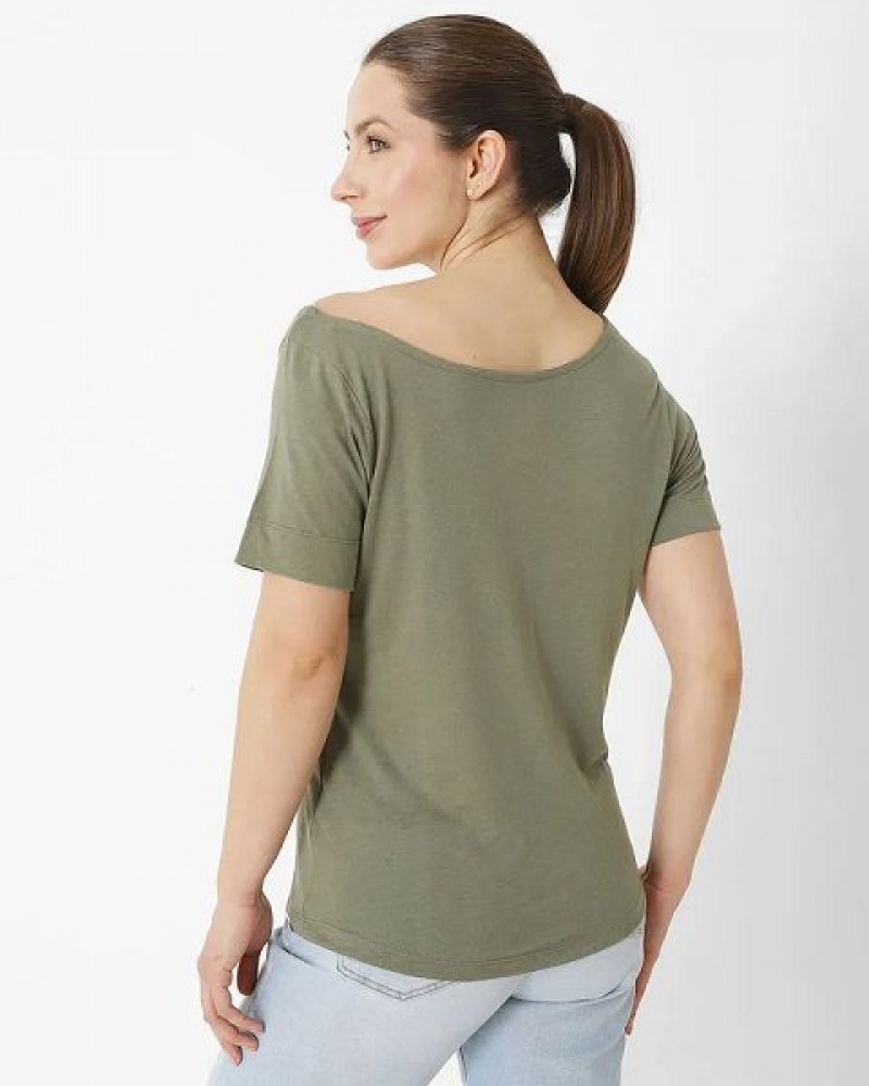 Caterpillar Short Sleeve W Off The Shoulder Tee Women's T-Shirt Khaki | 534987-DSN