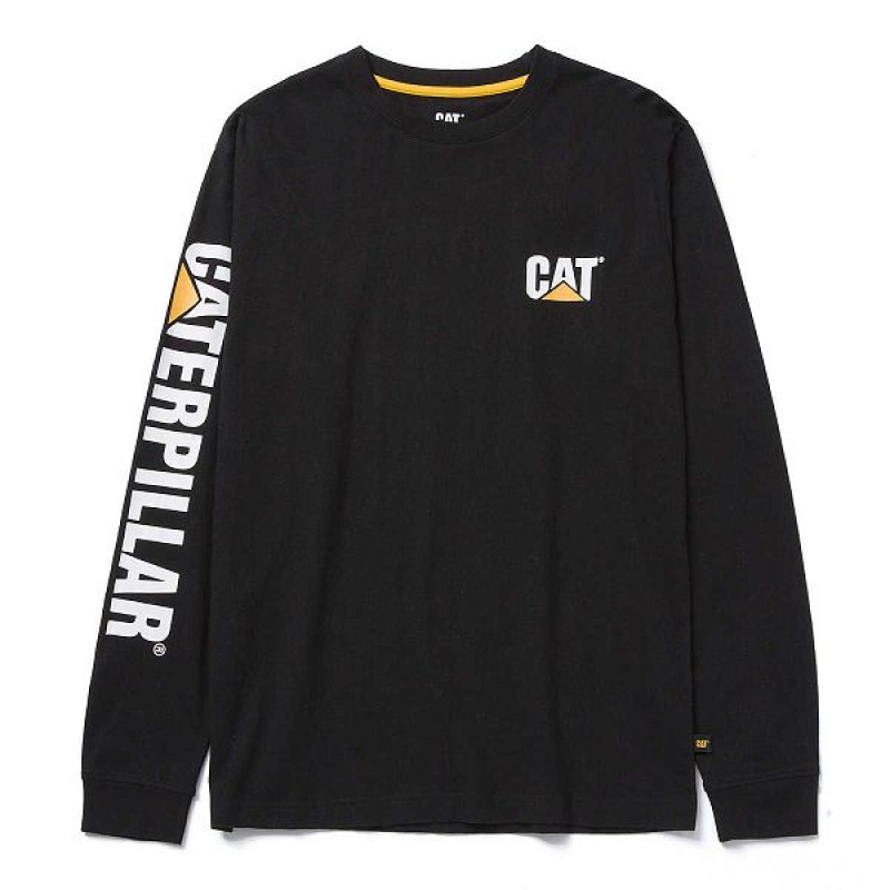 Caterpillar Trademark Banner Long Sleeve Tee Men's T-Shirt Black | 761832-PIZ