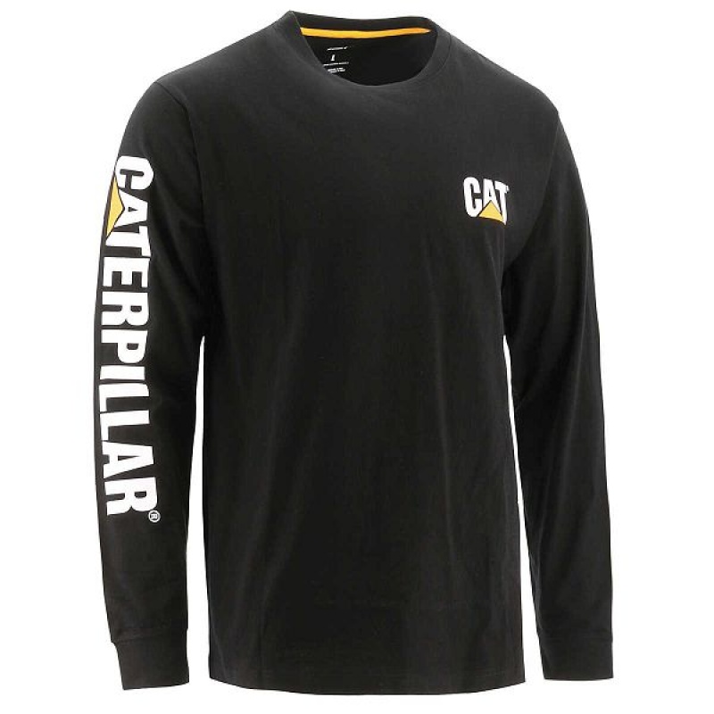 Caterpillar Trademark Banner Long Sleeve Tee Men\'s T-Shirt Black | 761832-PIZ