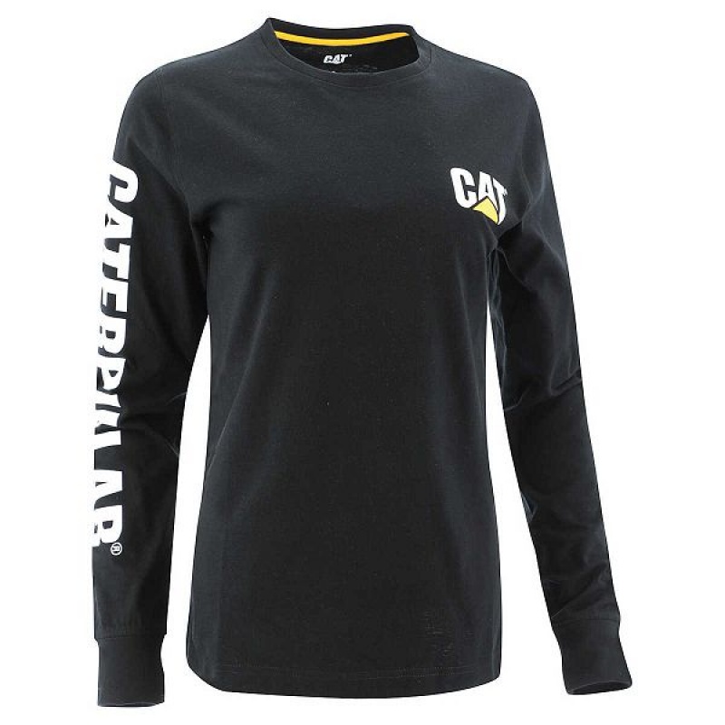 Caterpillar Trademark Banner Long Sleeve Tee Women\'s T-Shirt Black | 062138-VHA