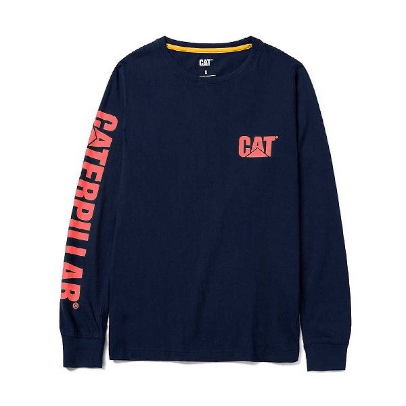 Caterpillar Trademark Banner Long Sleeve Tee Women's T-Shirt Blue | 329847-YMK