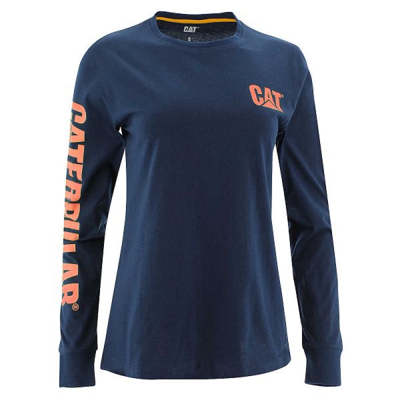 Caterpillar Trademark Banner Long Sleeve Tee Women\'s T-Shirt Blue | 329847-YMK